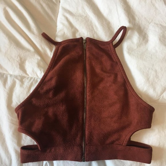 F21 Crop Velvet Brown Cut Out Crop Top Zip Back - Picture 2 of 4